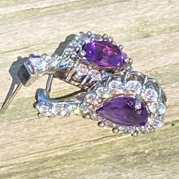 Amethyst .925 Sterling Silver earrings surrounded with white Cz - Picture 9 of 9